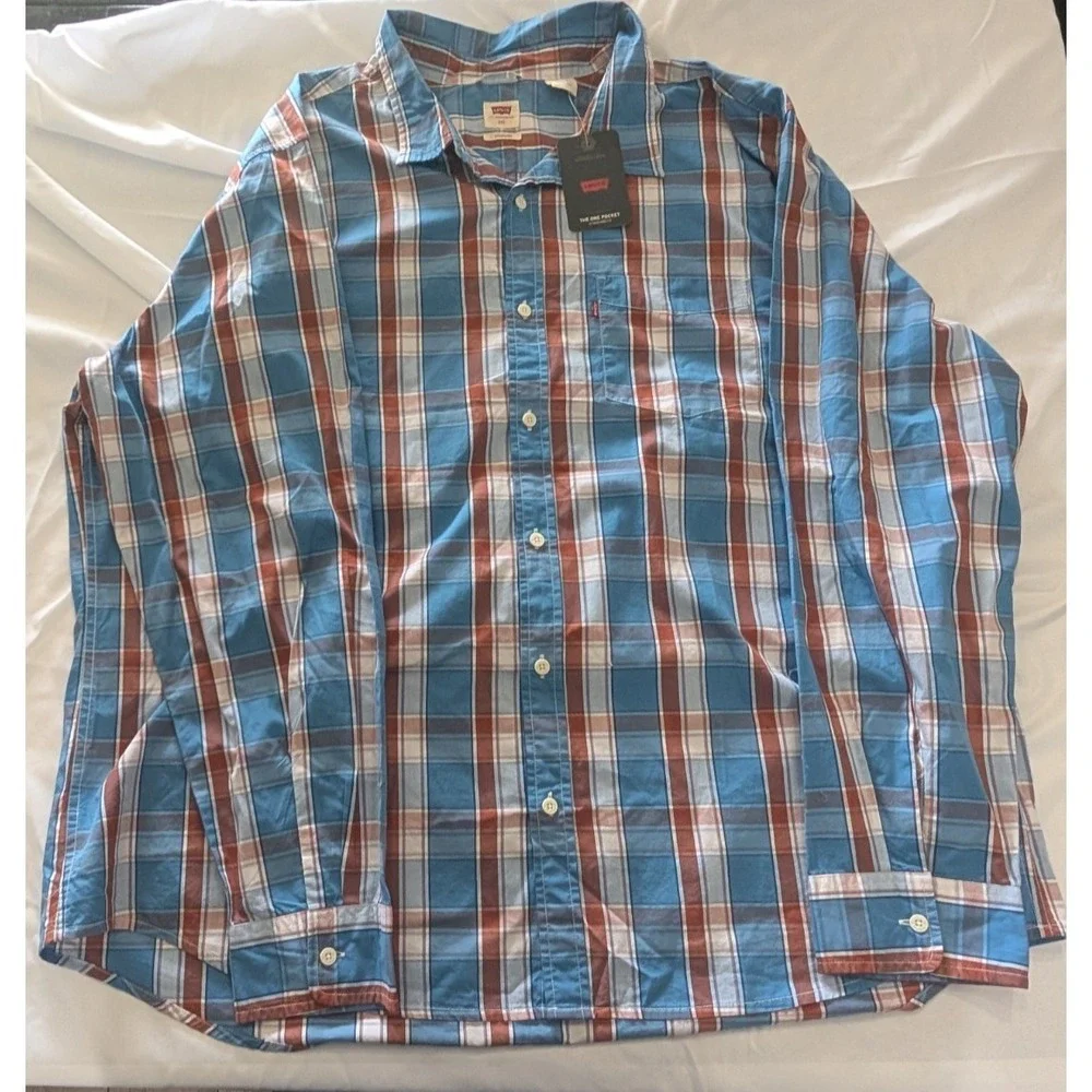 Levi's Standard Fit Button Down Shirt Plaid Long Sleeve 3XL Blue Orange